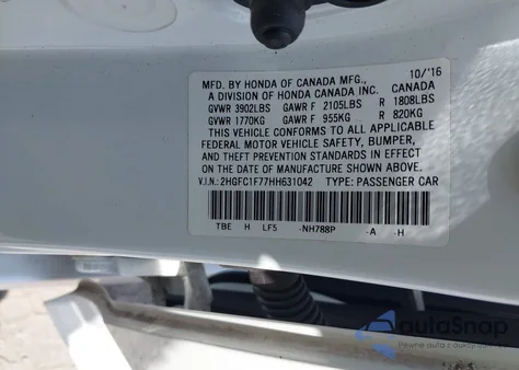 2017 Honda Civic Ex-L z USA, uszkodzony, nr VIN 2HGFC1F77HH631042